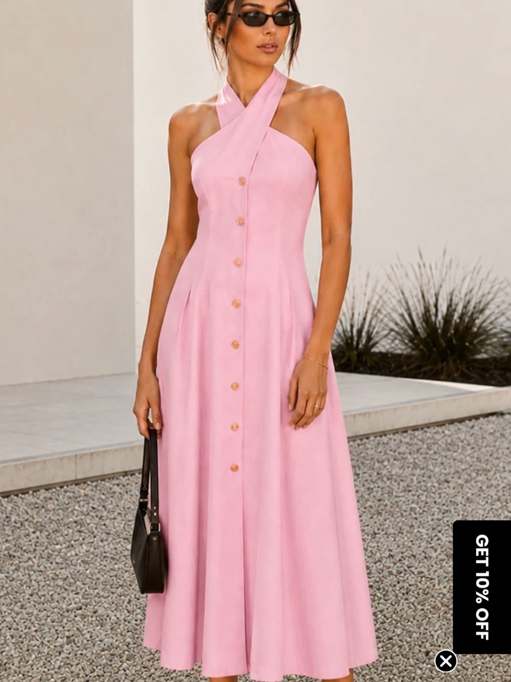 Commense Pink Halter-Style Button Front Midi Dress